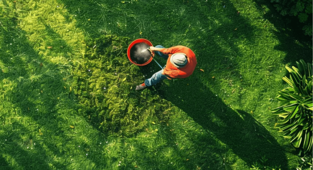 An aerial view of a person mowing a lush green lawn.