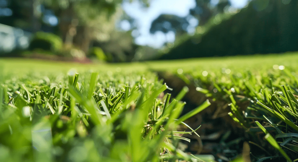 A close up of a lush green lawn with trees in the background.