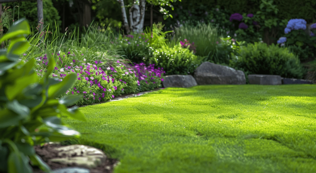 A lush green lawn surrounded by flowers and trees in a garden.