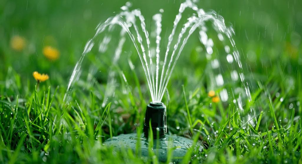 A sprinkler is spraying water on a lush green lawn.