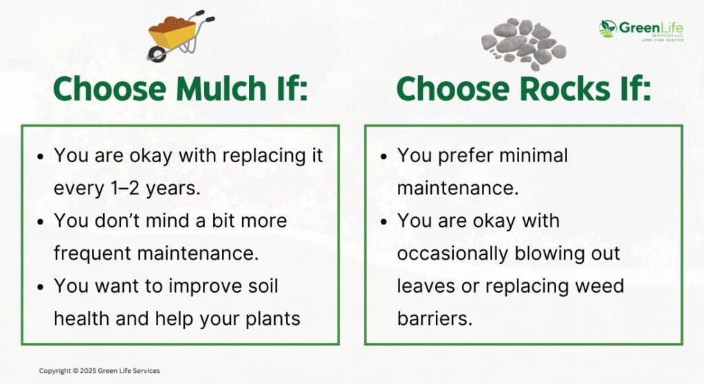 Choose mulch if : you are okay with replacing it every 1-2 years.