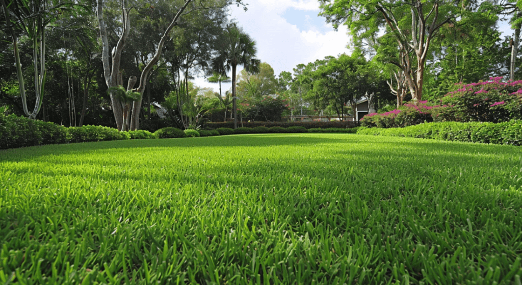 A lush green field of grass with trees in the background.