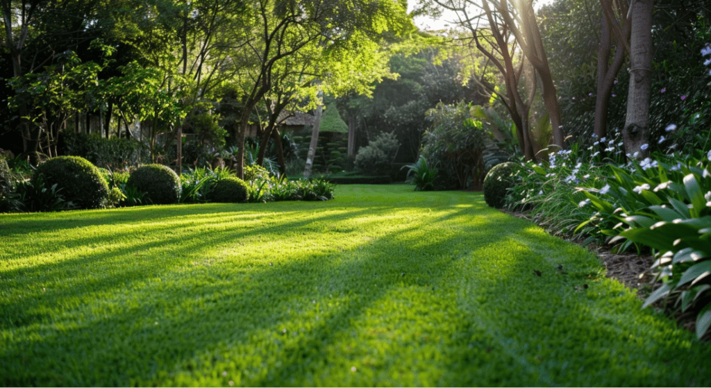 A lush green lawn surrounded by trees and bushes in a garden.