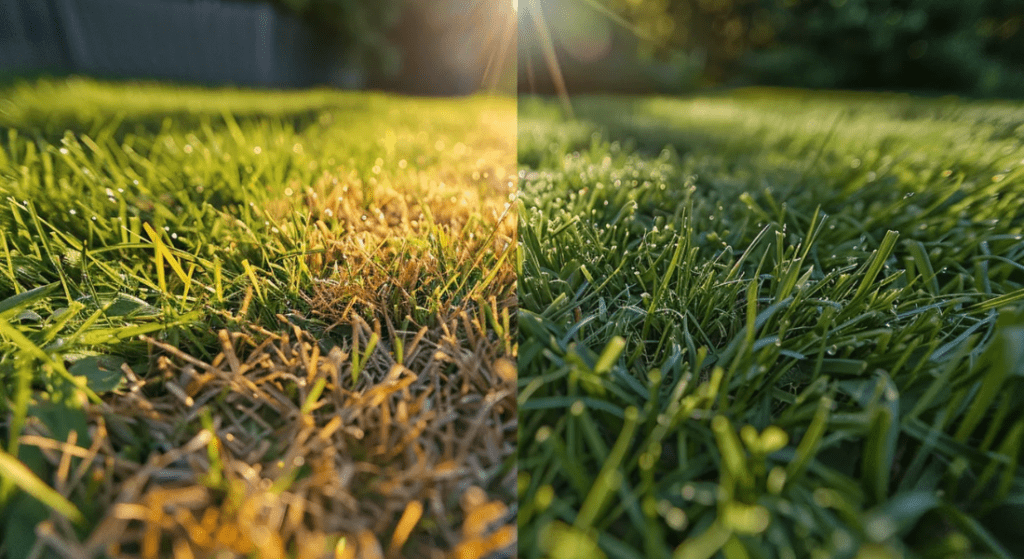 A picture of a lawn before and after being mowed.