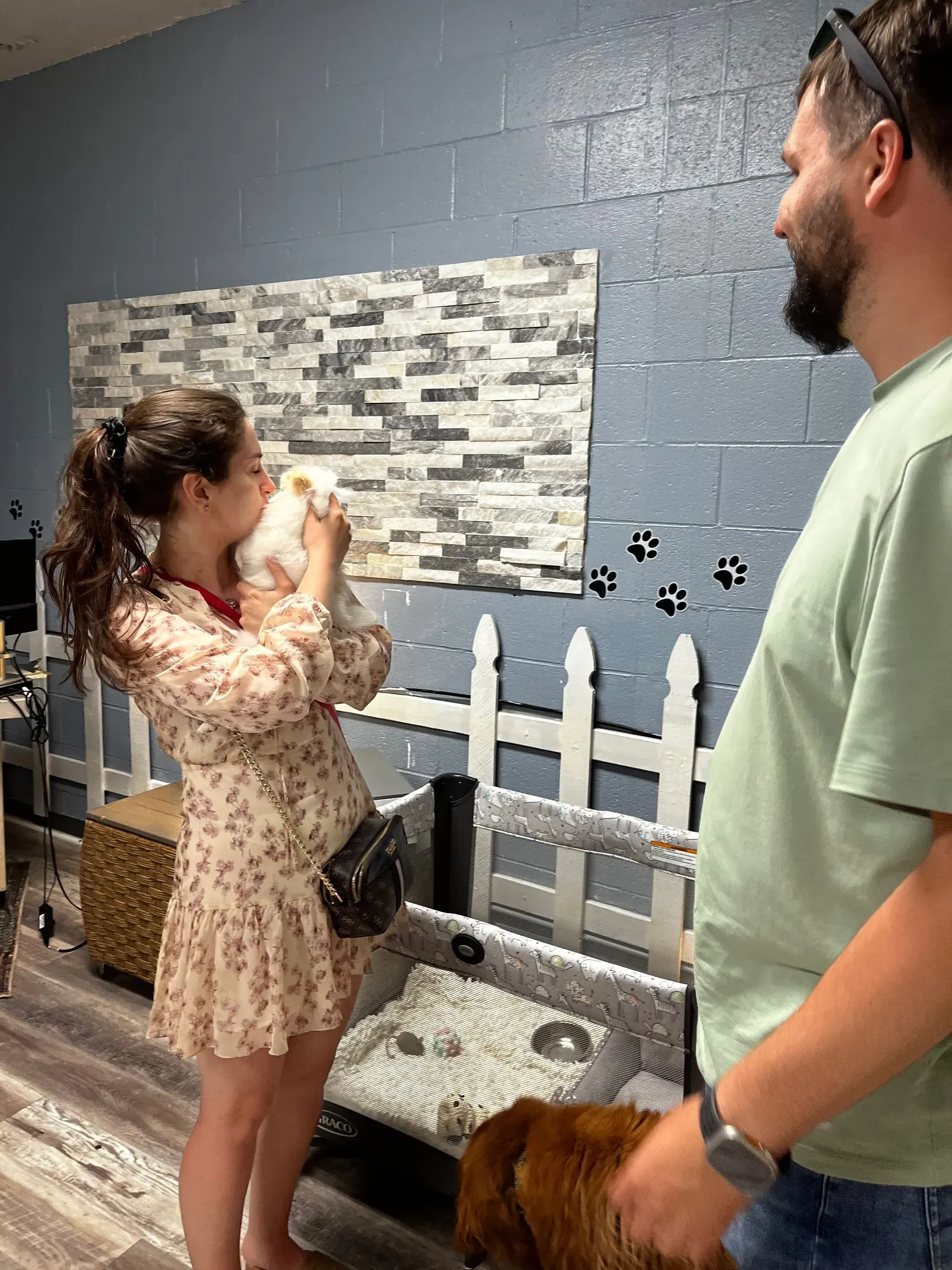 Woman feeds a small dog by a white fence while a man watches nearby in a gray room.