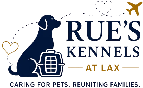 Rue&rsquo;s Kennels logo with navy dog silhouette, gold airplane and hearts, and tagline &ldquo;Caring for pets. Reuniting families.&rdquo;