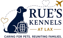 Rue’s Kennels logo with navy dog silhouette, gold airplane and hearts, and tagline “Caring for pets. Reuniting families.”
