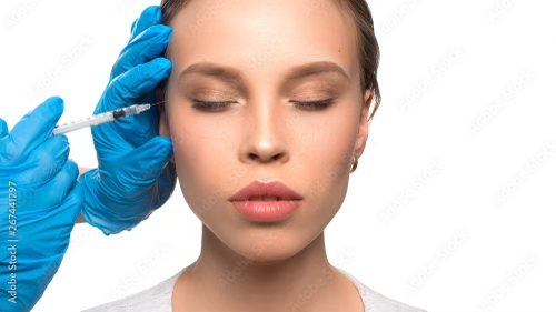 Woman receiving Sculptra injection near cheekbone to stimulate collagen and restore volume