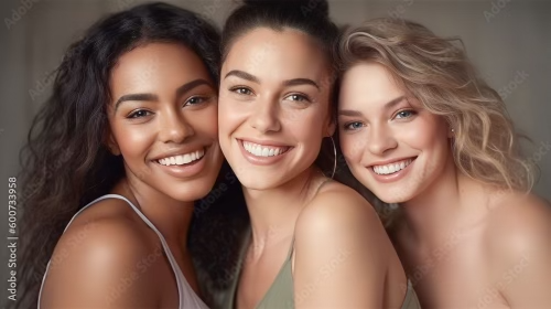 Three diverse women smiling with glowing skin, representing beauty and wellness for all skin tones