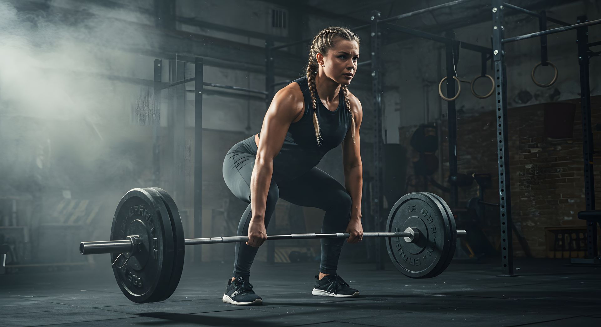 Woman performing a deadlift in a gym, barbell on the floor, focused expression.