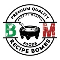 Logo for BOM Foods, with green B, red M, and a bowl of food.