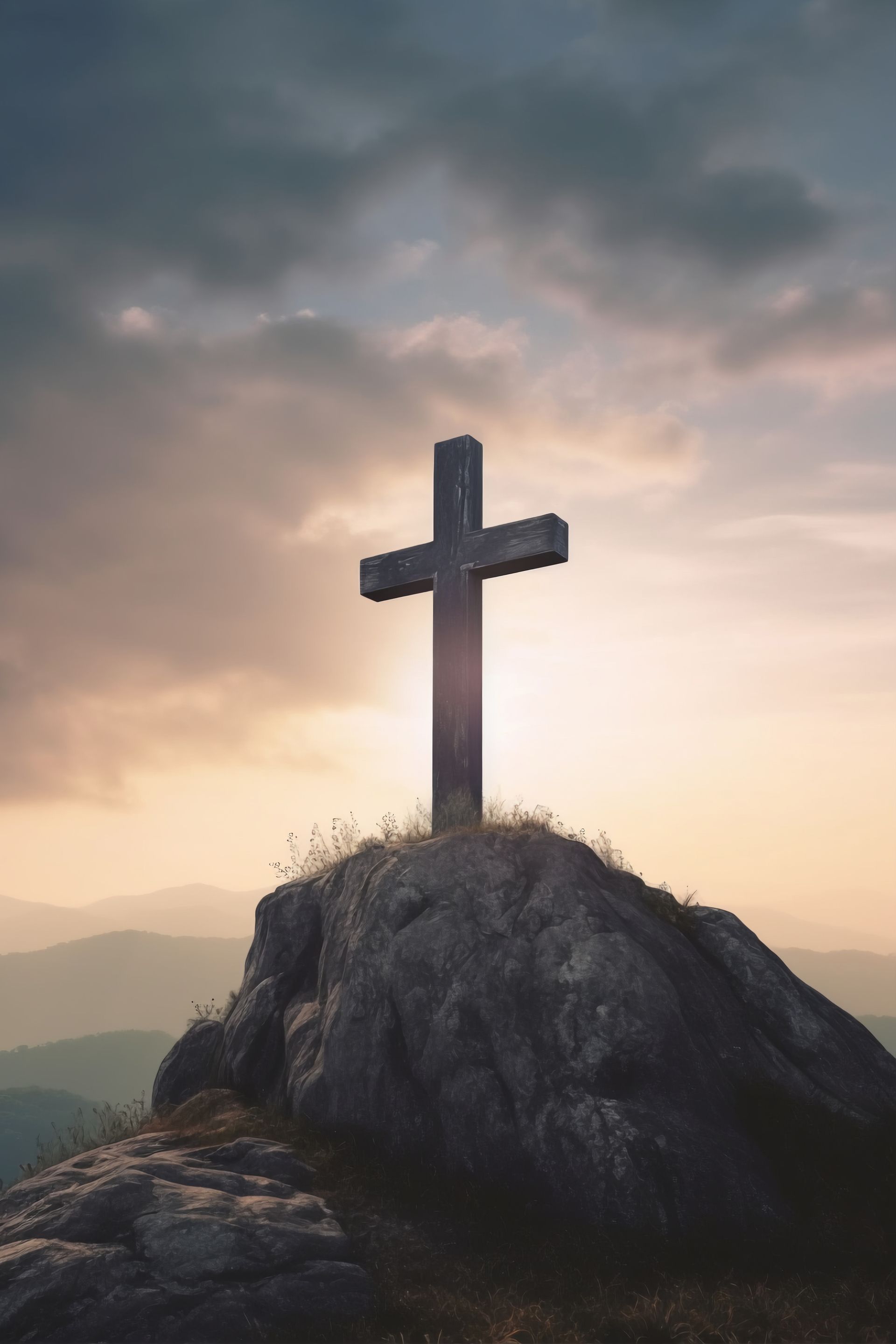 Cross atop rocky peak against a cloudy sunset sky.
