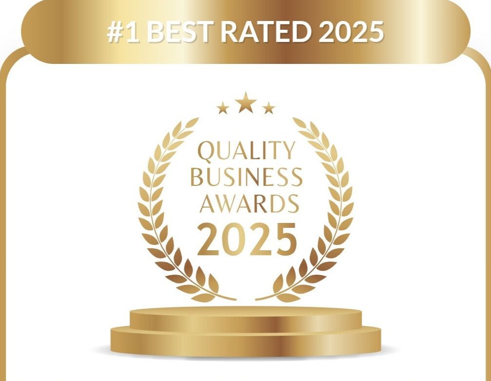 Gold award for #1 Best Rated 2025. Text: Quality Business Awards 2025 inside a laurel wreath on a golden stage.