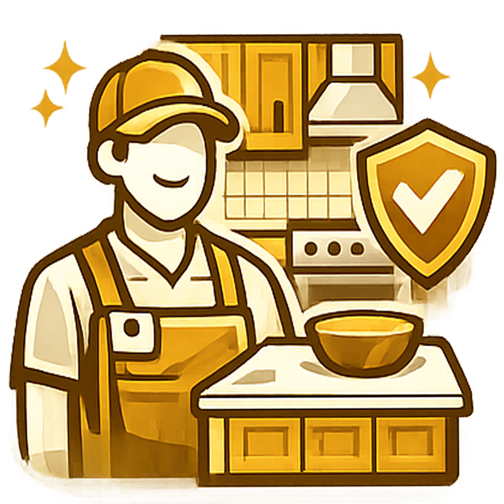 Chef in a kitchen wearing an apron, with cabinets, stove, bowl, and a safety shield icon
