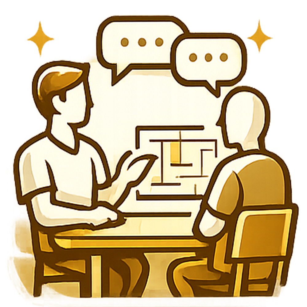 Two people in a gold-toned office discussing a design on a computer screen, with chat bubbles above them