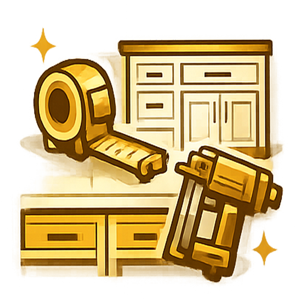 Gold-toned tools and kitchen cabinets, including a tape measure and power drill, on a white background