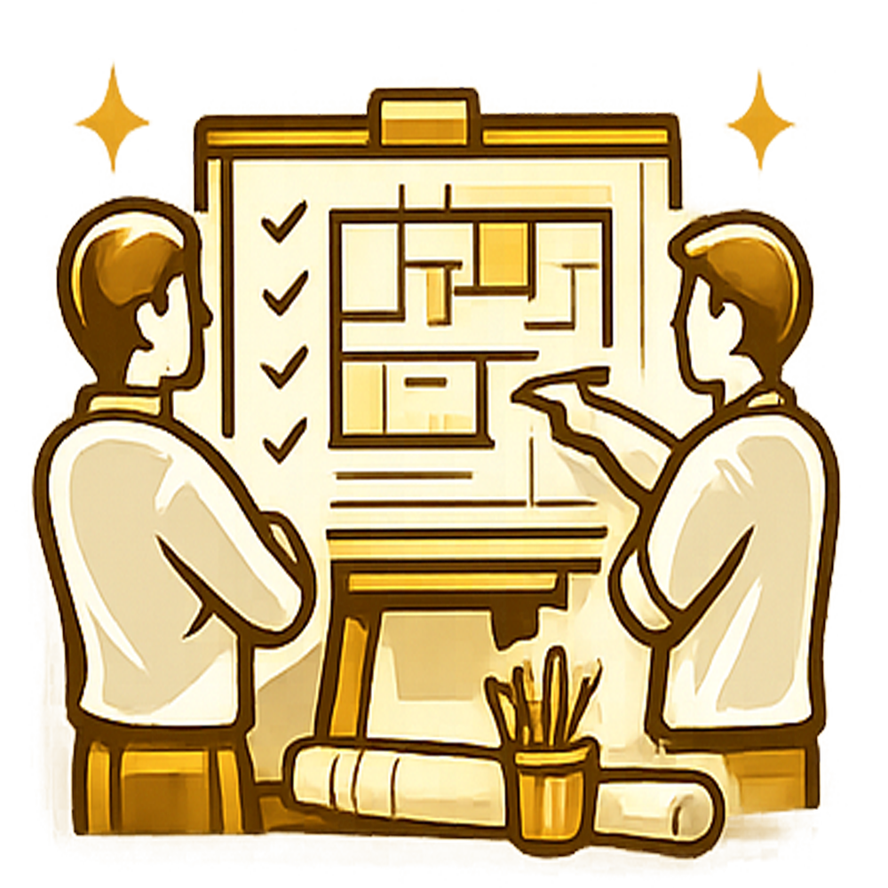 Two people review a flowchart on a board, with checkmarks and pencils on a desk.