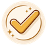 Gold checkmark icon with sparkles inside a beige circle