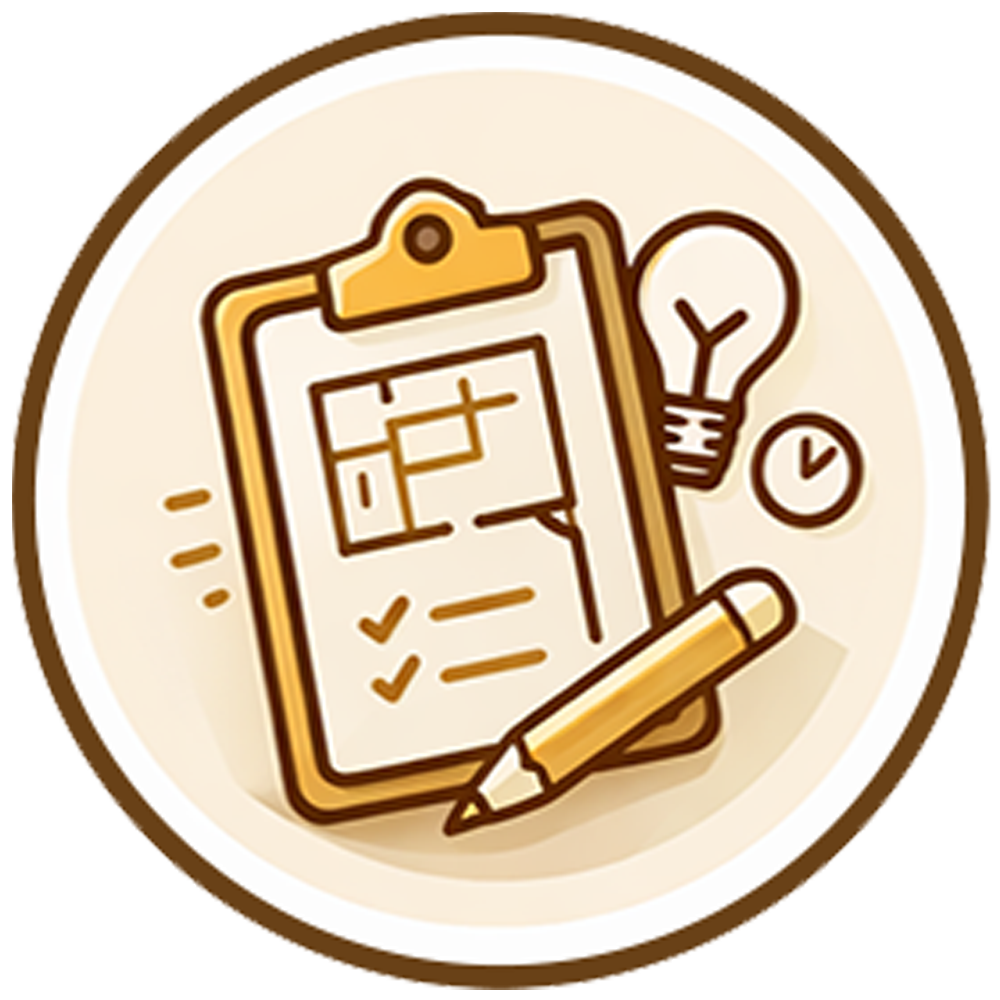 Clipboard with checklist, pencil, light bulb, and clock in warm brown tones