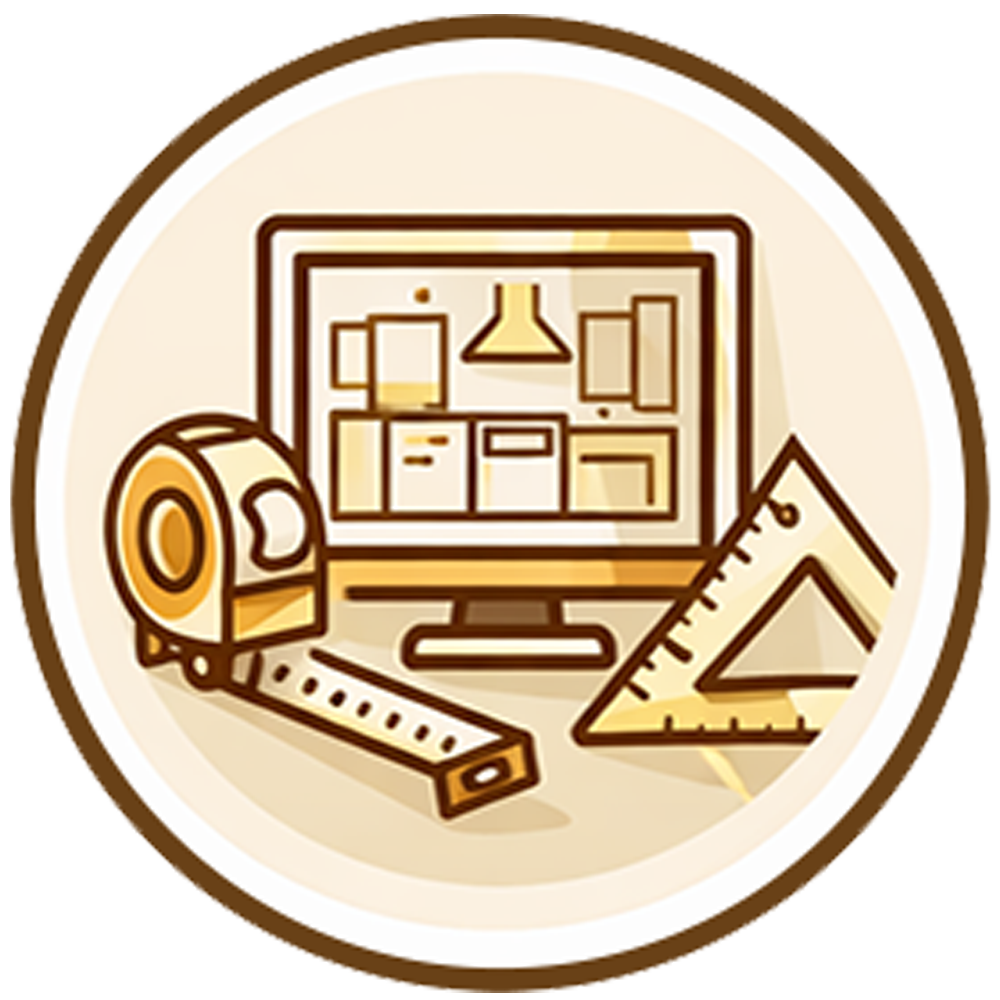 Brown line-art icon of a computer monitor, measuring tape, and triangle ruler in a circle