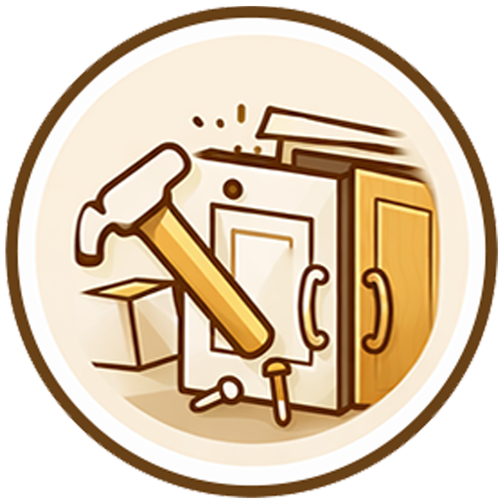 Hammer hitting a cabinet with a box, in a beige circular icon