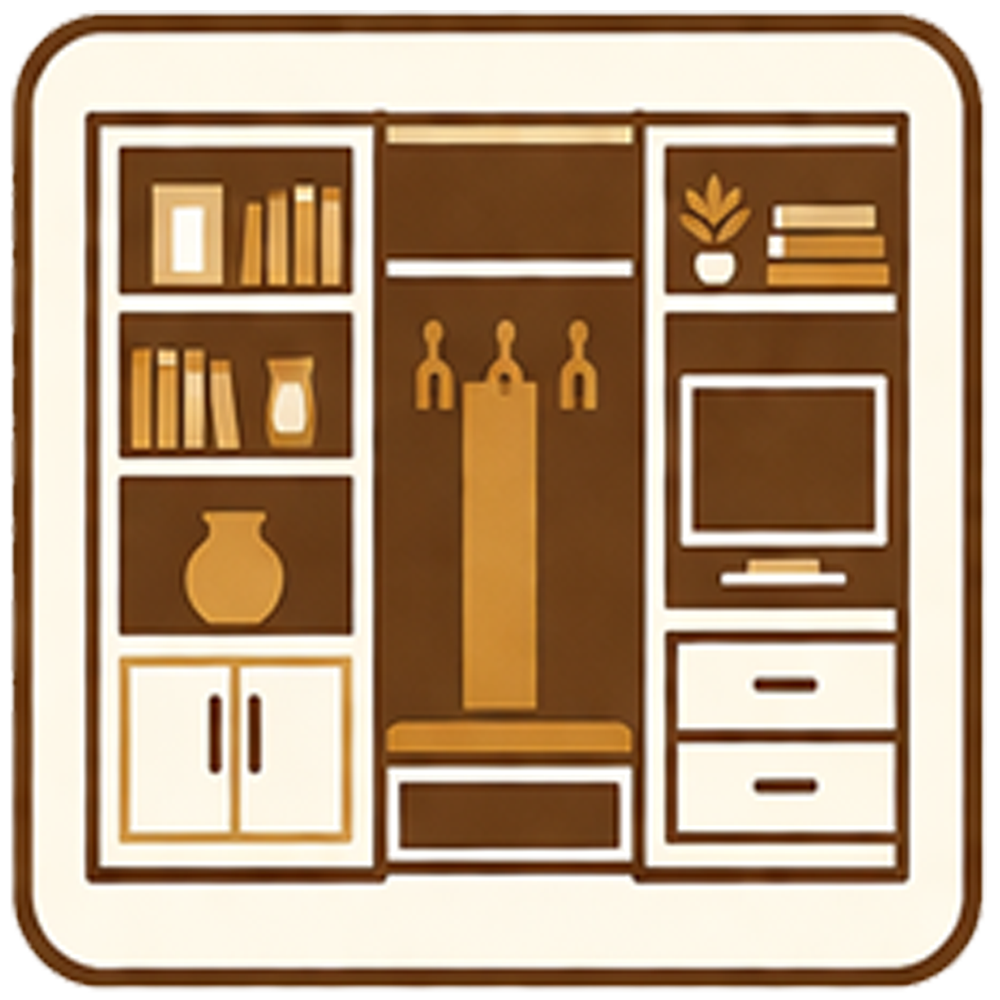Stylized brown-and-cream modular living room wall with shelves, cabinet, TV, and decorative vases