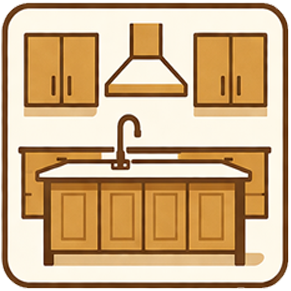 Stylized kitchen with brown cabinets, white countertop, sink, and range hood icons