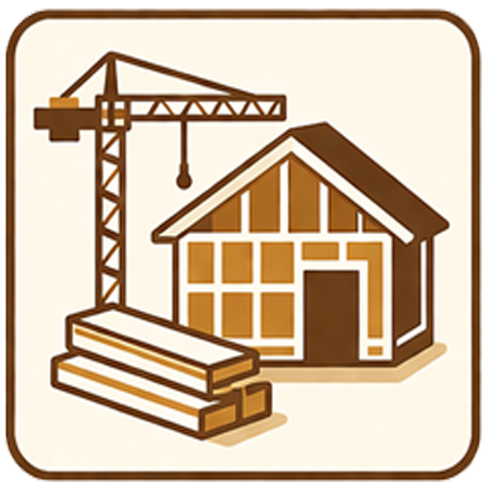 Brown construction icon showing a crane, house frame, and lumber stacks
