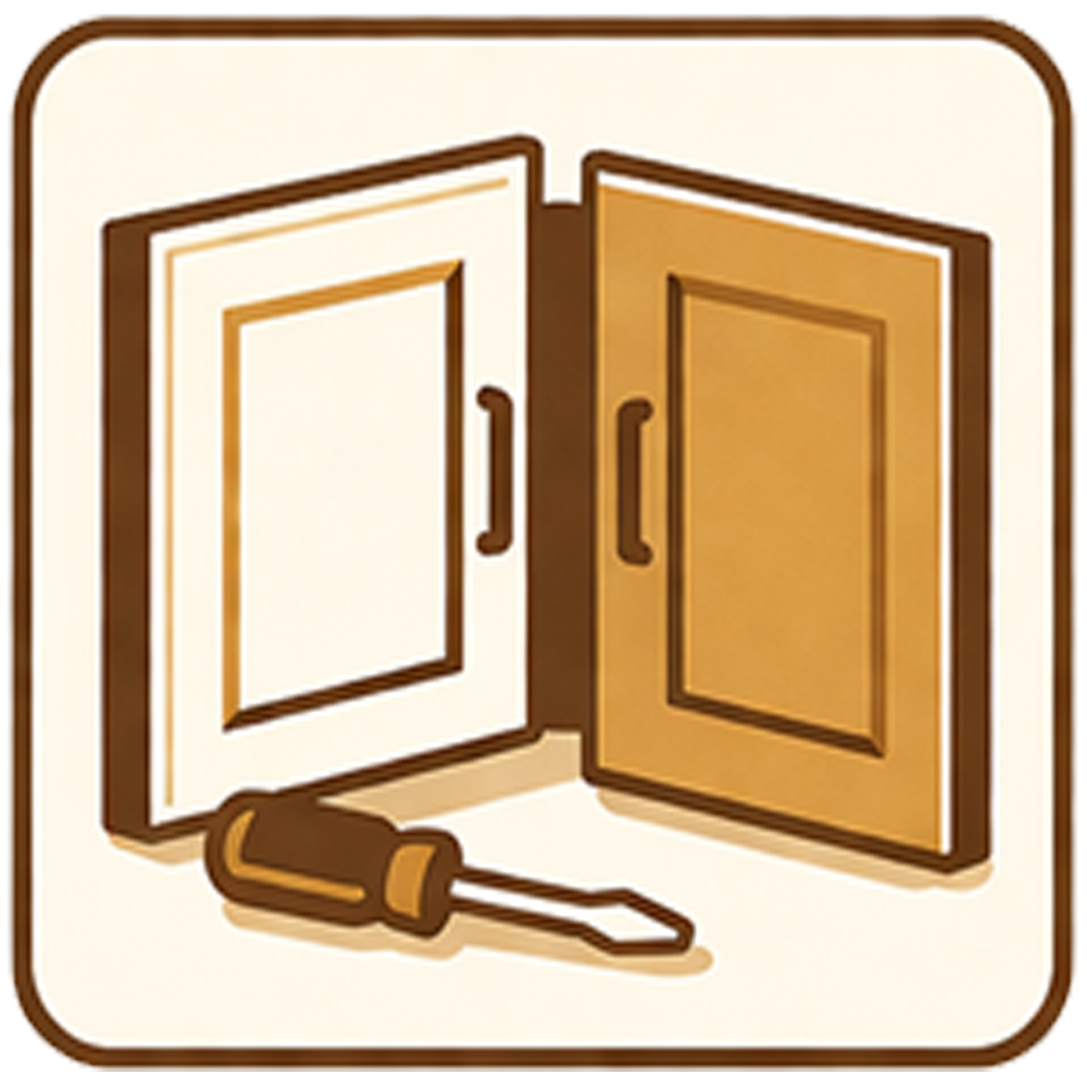 Open double doors with a key in front, in brown and beige tones