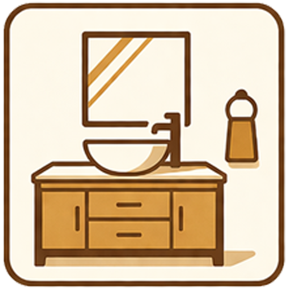 Bathroom vanity with mirror, sink, and soap dispenser in brown and beige tones