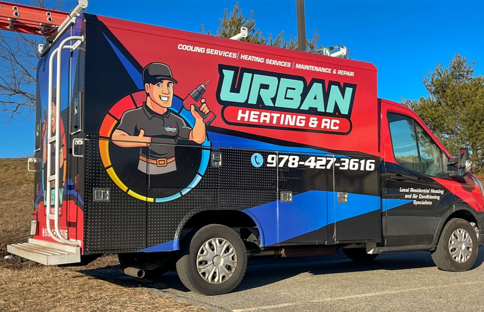 Urban Heating & AC service van with logo of a man holding a tool, phone number, and company name.