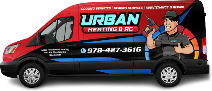 A red and black HVAC van with the name 