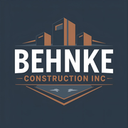 Logo for Behnke Construction Inc., featuring stylized buildings in brown and white on a dark blue background.