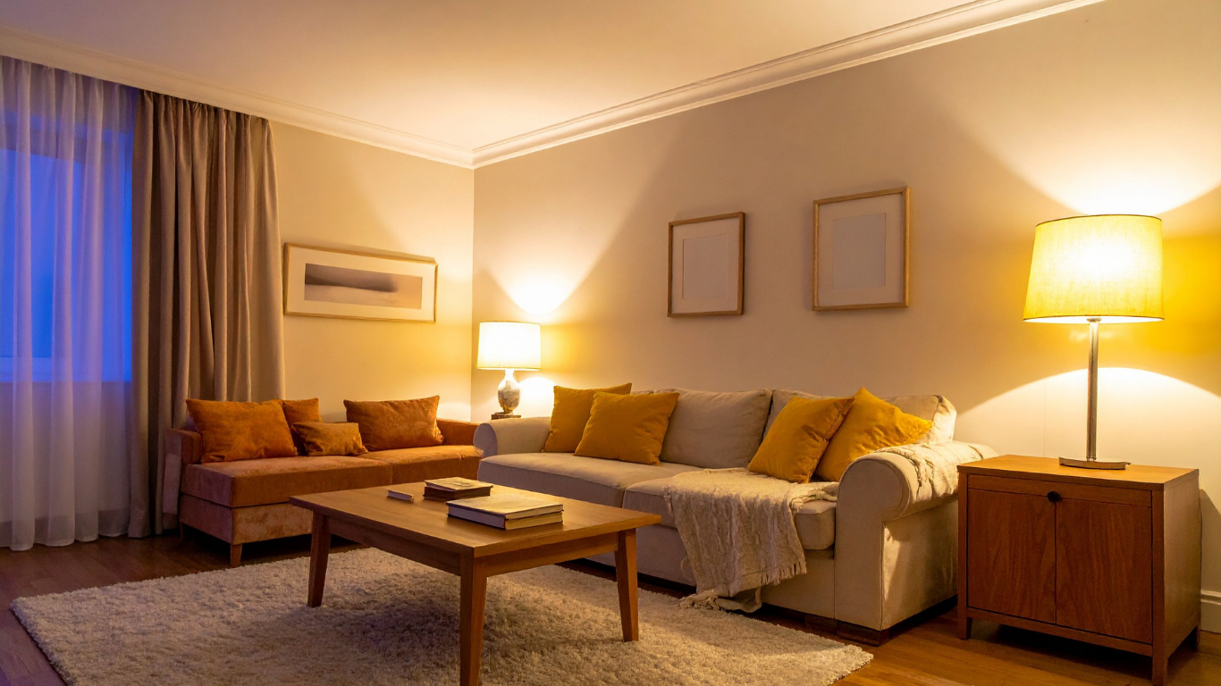 Cozy living room lit with warm lamps, neutral walls, sofas with orange and yellow pillows, wooden furniture, and a rug.