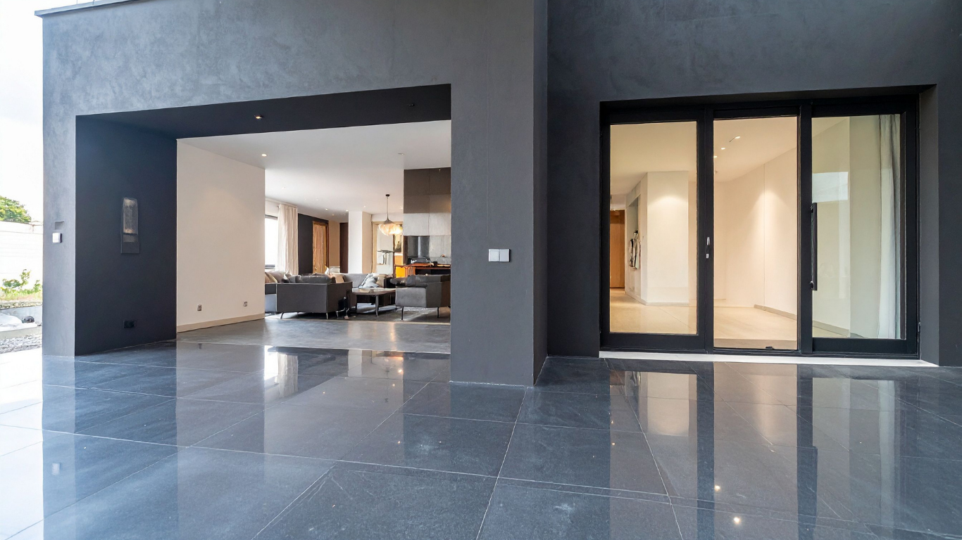 Dark gray tiled patio with open doorway to interior and glass sliding door.