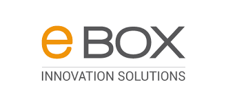 Logo pour eBOX Innovation Solutions ; texte « e » orange et « BOX » gris.