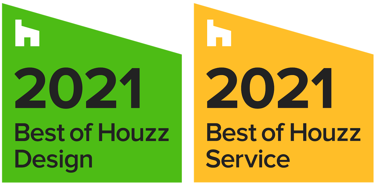 A green and yellow sign that says `` best of houzz design '' and `` best of houzz service ''.