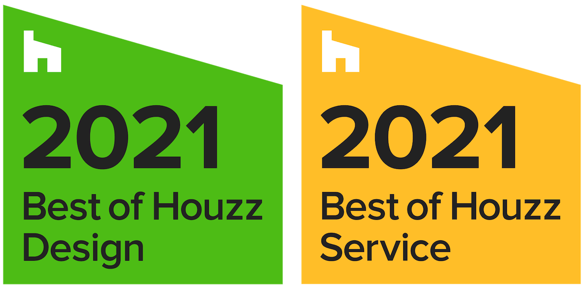 A green and yellow sign that says `` best of houzz design '' and `` best of houzz service ''.