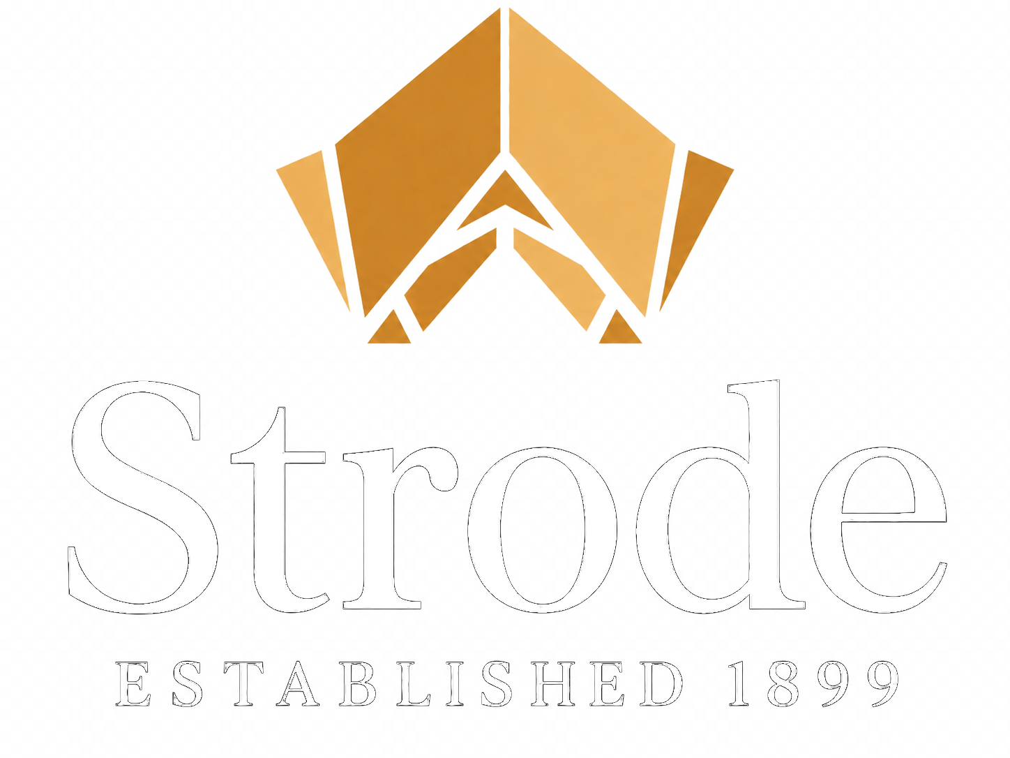 Orange geometric logo above the word “Strode” and “Established 1889” in white serif text.