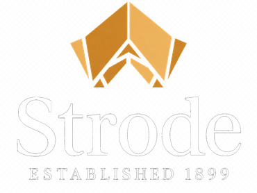 Orange geometric logo above the word “Strode” and “Established 1889” in white serif text.