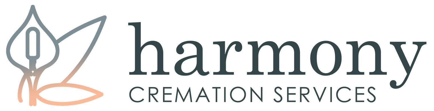 Harmony Cremation Services logo with stylized leaf icon in gray and peach