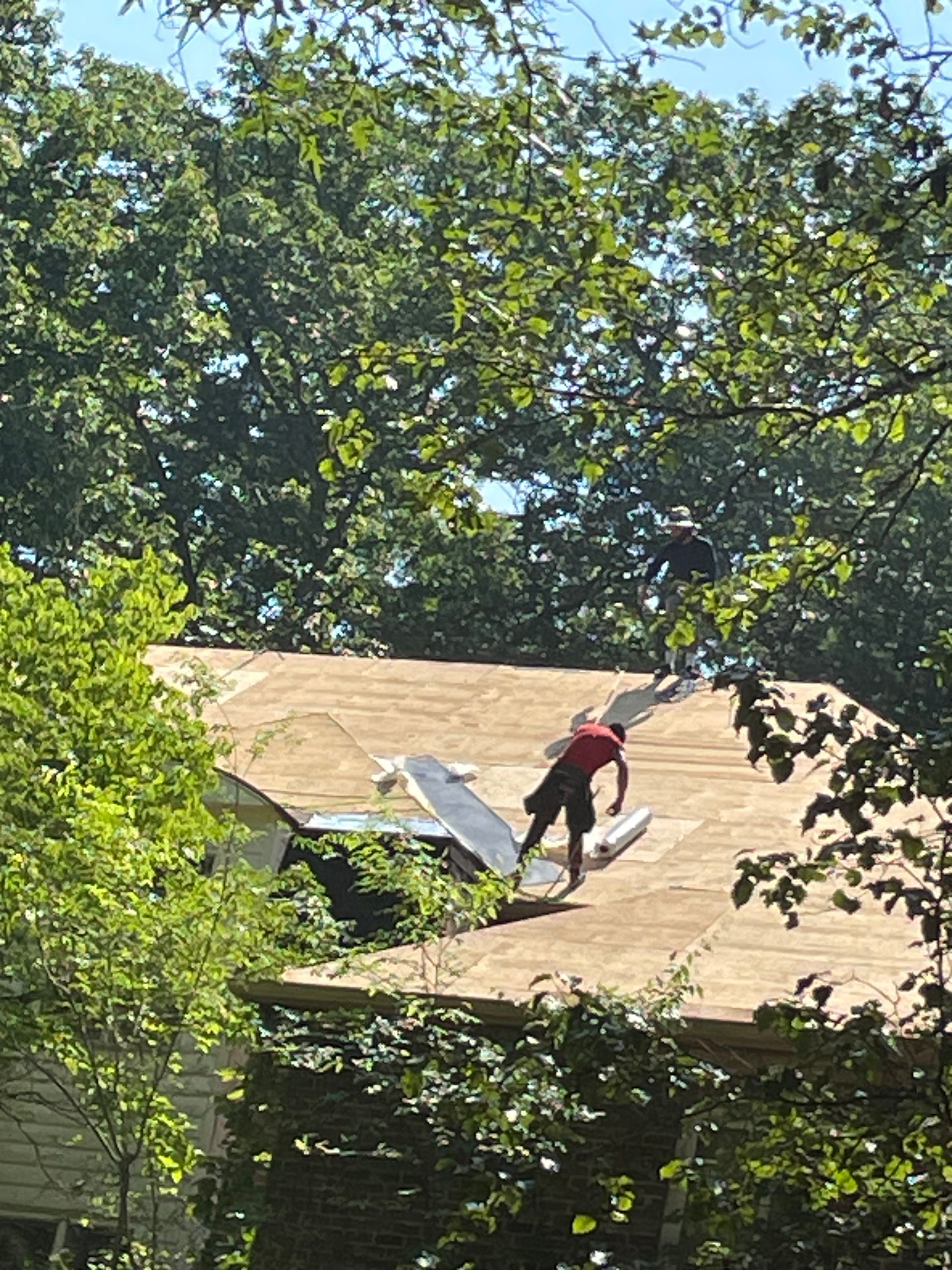A man is working on the roof of a house surrounded by trees.
