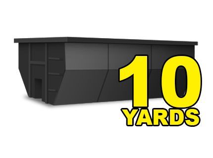 a black dumpster with a yellow sign that says `` 10 yards '' .
