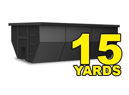 a black dumpster with yellow letters that says 15 yards .