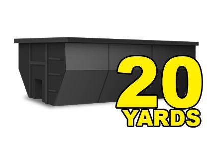 a black dumpster with a yellow sign that says `` 20 yards '' .