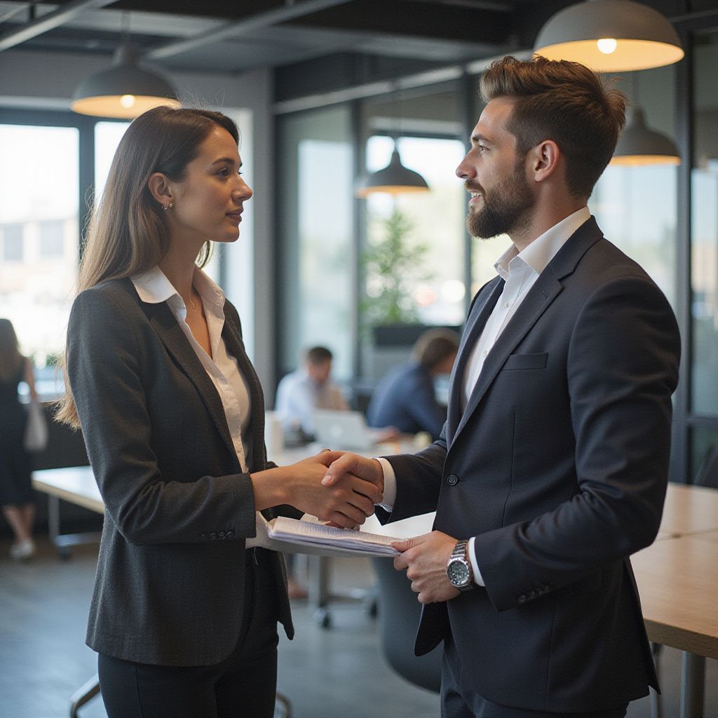 Man and woman in suits shake hands in an office, smiling. Other people work in the background.