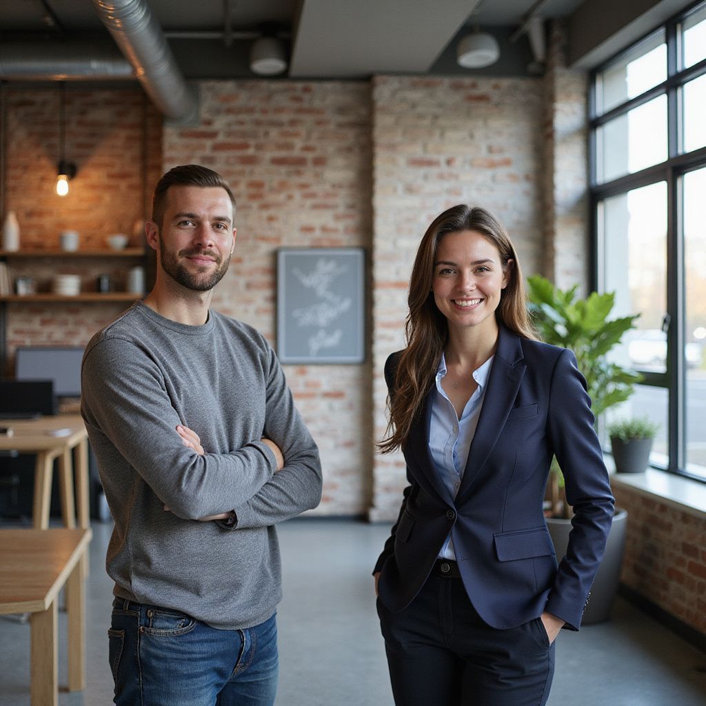 Un homme, les bras croisés, et une femme en tailleur sourient dans un bureau. Un mur de briques et une grande fenêtre sont visibles.