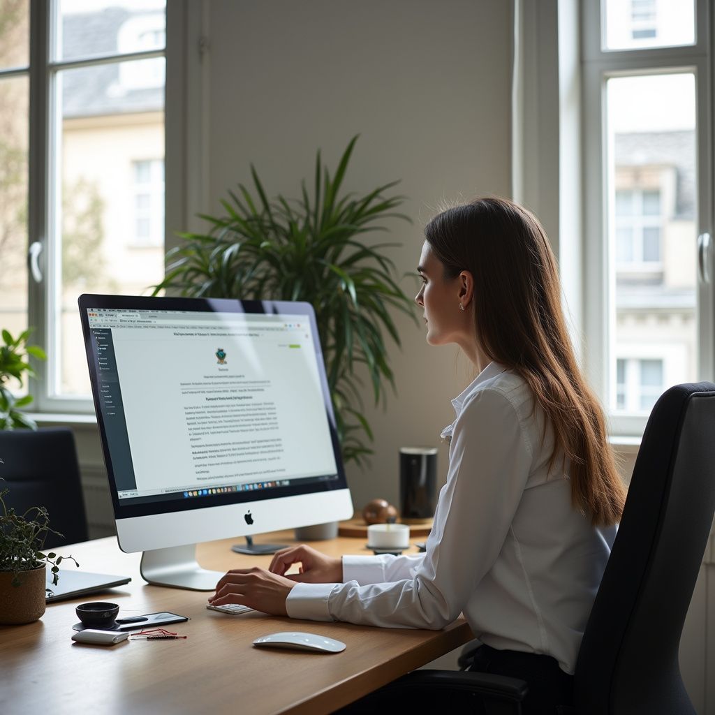 Une femme assise à un bureau travaille sur un ordinateur près d'une fenêtre ensoleillée.