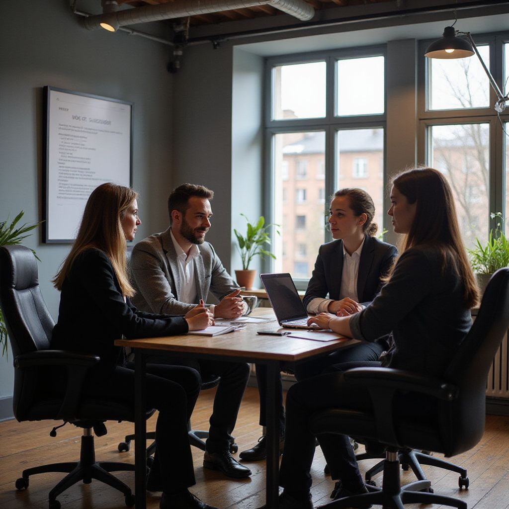 Quatre personnes en tenue de travail, assises à une table dans un bureau, discutent de leur travail.