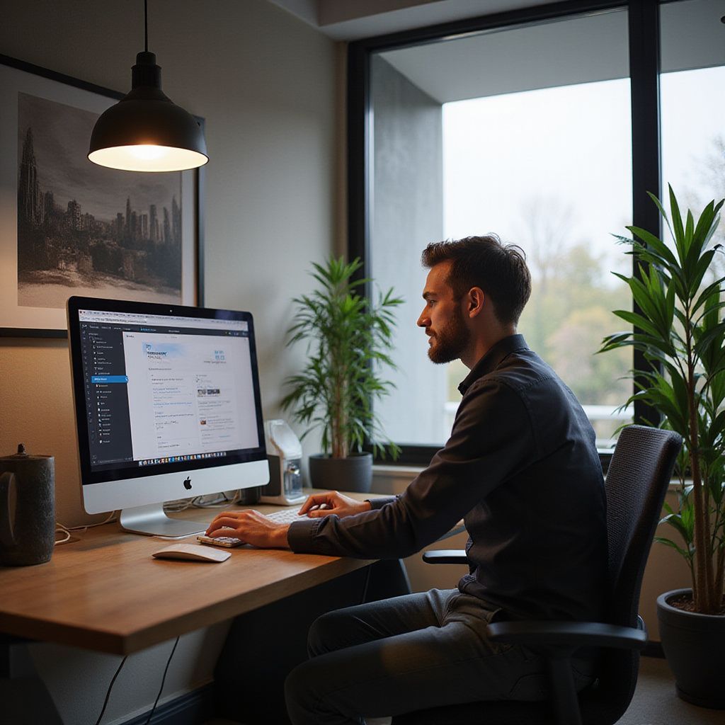 Man working on a computer at a desk in a well-lit office, looking at the screen, a large window behind him.
